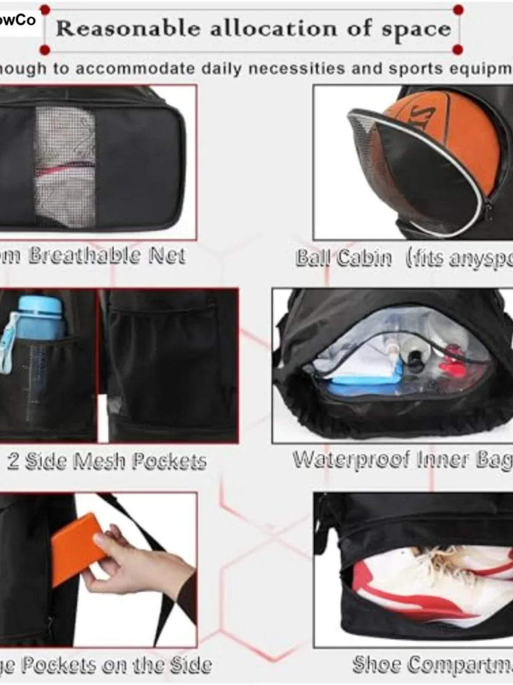 45L Drawstring Basketball Backpack with Shoe Compartment & Wet Pockets Gym Bag